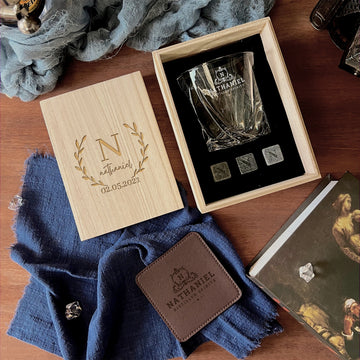 Personalised Wooden Whiskey Gift Box, 280ml Twisted Whiskey Glass, Ice Stones, Coaster, Custom Engraved Wedding Barware, Dad, Corporate Gift