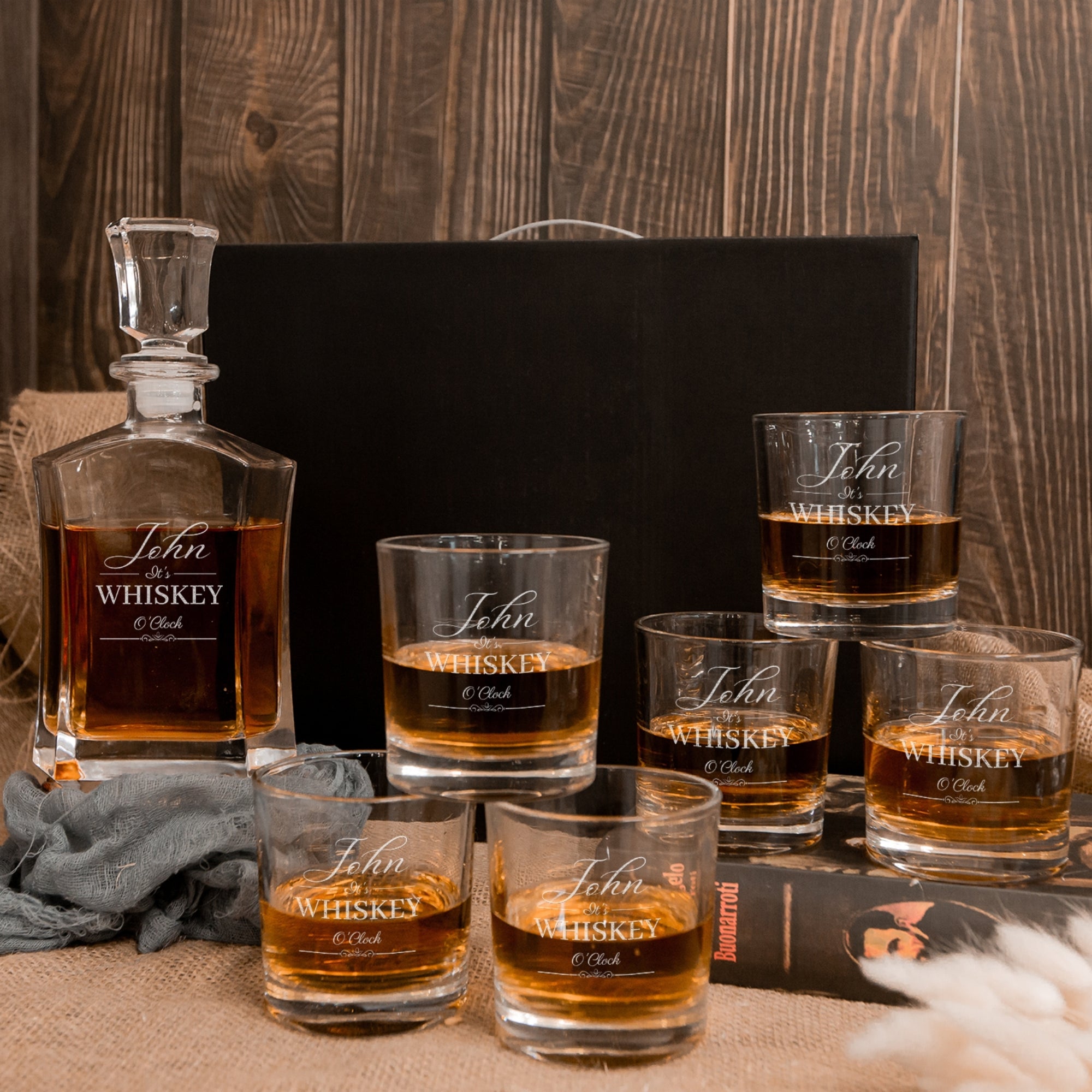 Personalised Flat Whiskey Decanter & 6 Scotch Glasses Box Set , Custom Engraved Whisky Barware, Housewarming, Groomsmen, Dad Birthday Gift