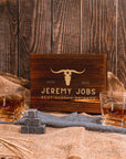 Custom Engraved Whiskey Wooden Box - 2 Prism Scotch Glasses & 6 Rock Ice Stones, Personalised Logo Barware Set Retirement Groomsman Dad Gift