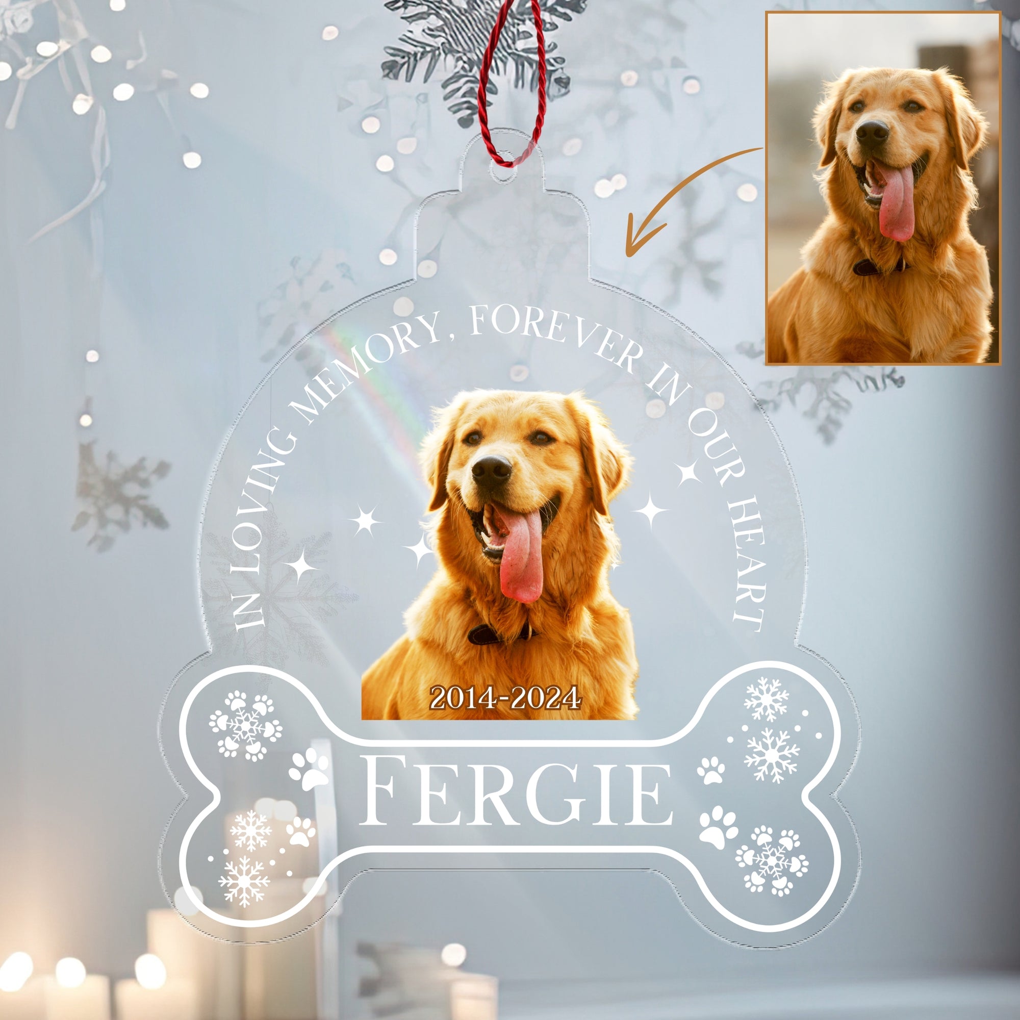 Personalised Mirror Acrylic Wood Pet Bone Photo Ornament, Custom Etched Name Dog Cat Christmas Tree Bauble In Loving Memory Heaven Gift Tag 