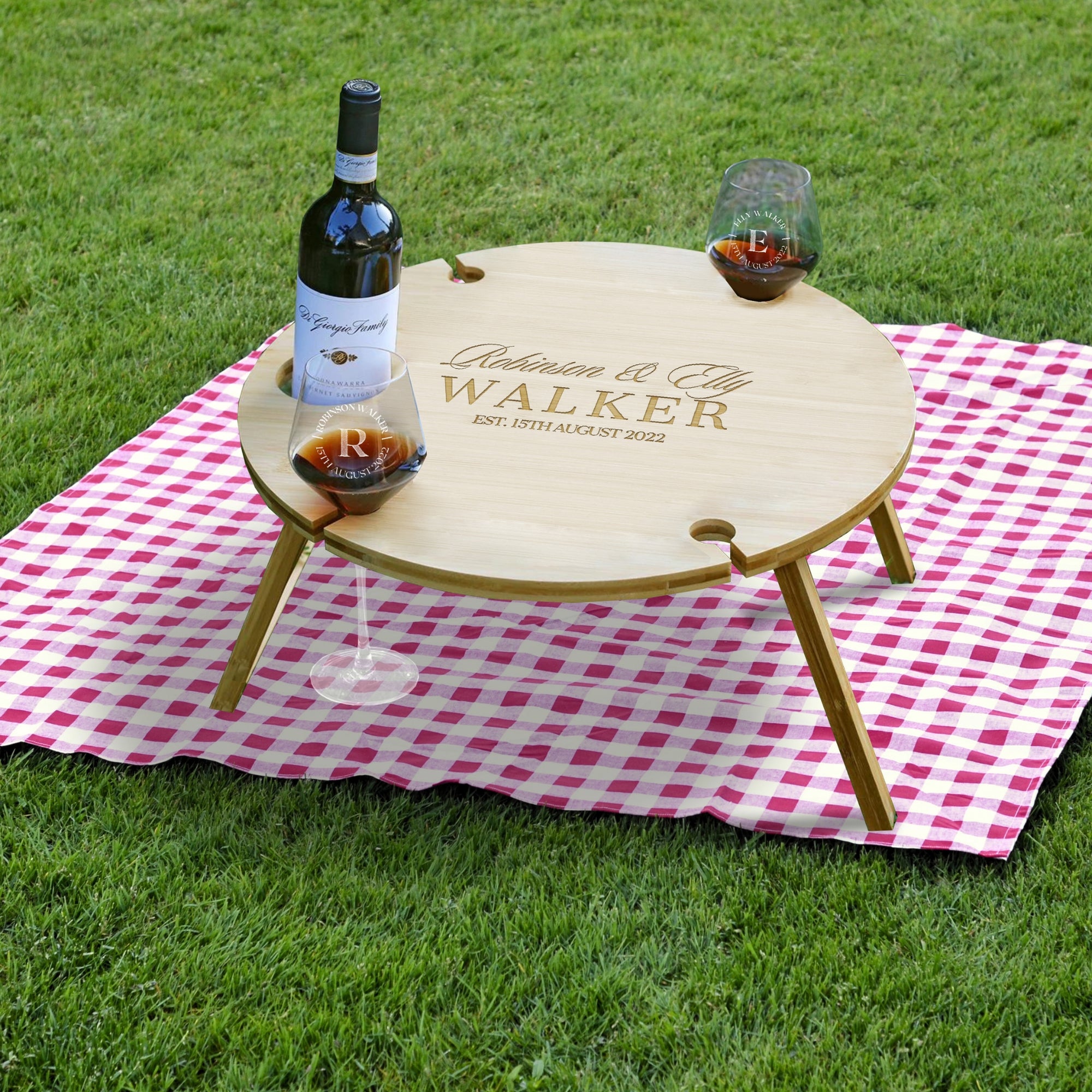 Personalised Bamboo 4 People Picnic Round Table &amp; Crystal Wine Glasses, Engraved Cheese Tray Platter, Camping, Anniversary Housewarming Gift