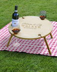 Personalised Bamboo 4 People Picnic Round Table & Crystal Wine Glasses, Engraved Cheese Tray Platter, Camping, Anniversary Housewarming Gift