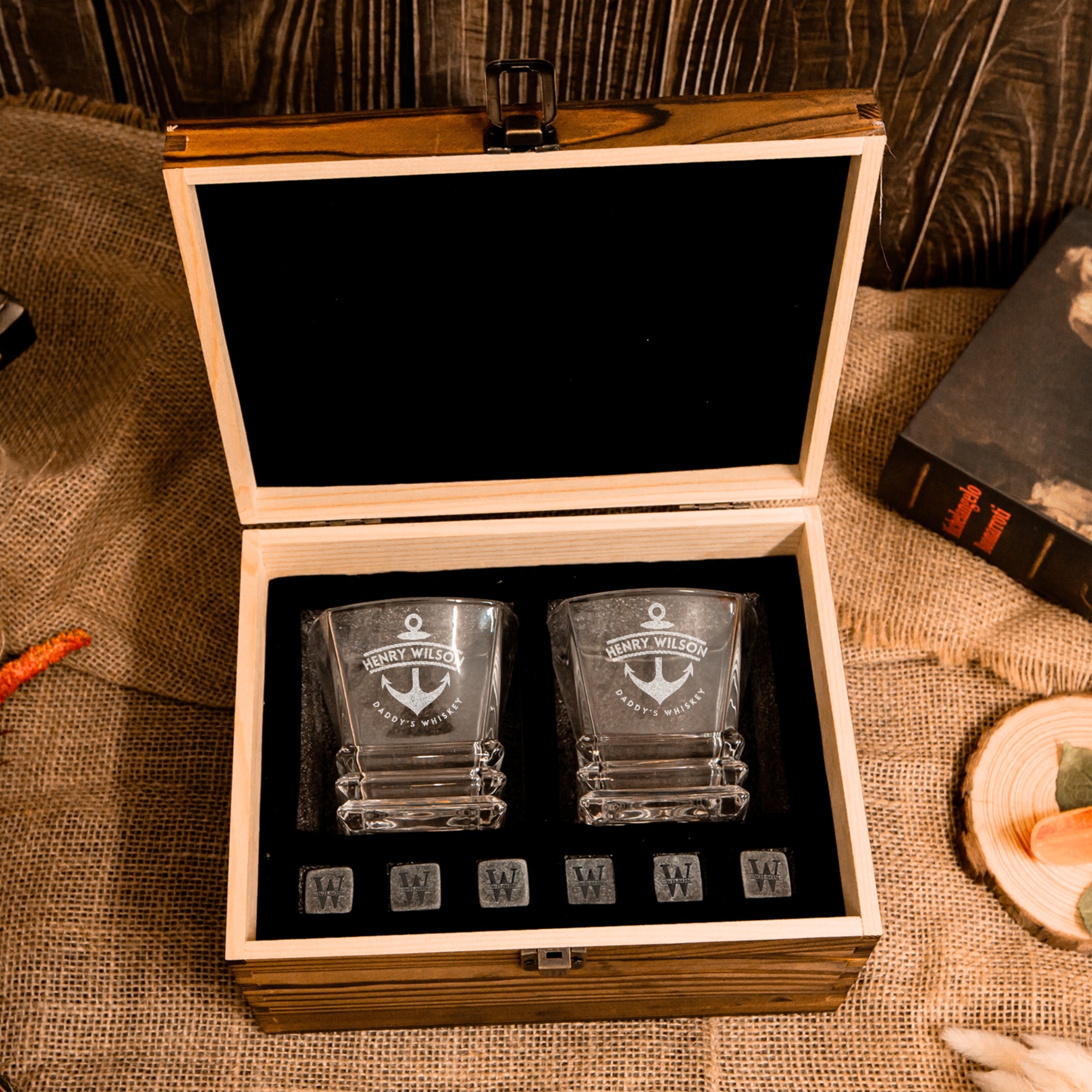 Custom Engraved Whiskey Wooden Box - 2 Prism Scotch Glasses &amp; 6 Rock Ice Stones, Personalised Logo Barware Set Retirement Groomsman Dad Gift