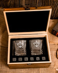 Custom Engraved Whiskey Wooden Box - 2 Prism Scotch Glasses & 6 Rock Ice Stones, Personalised Logo Barware Set Retirement Groomsman Dad Gift