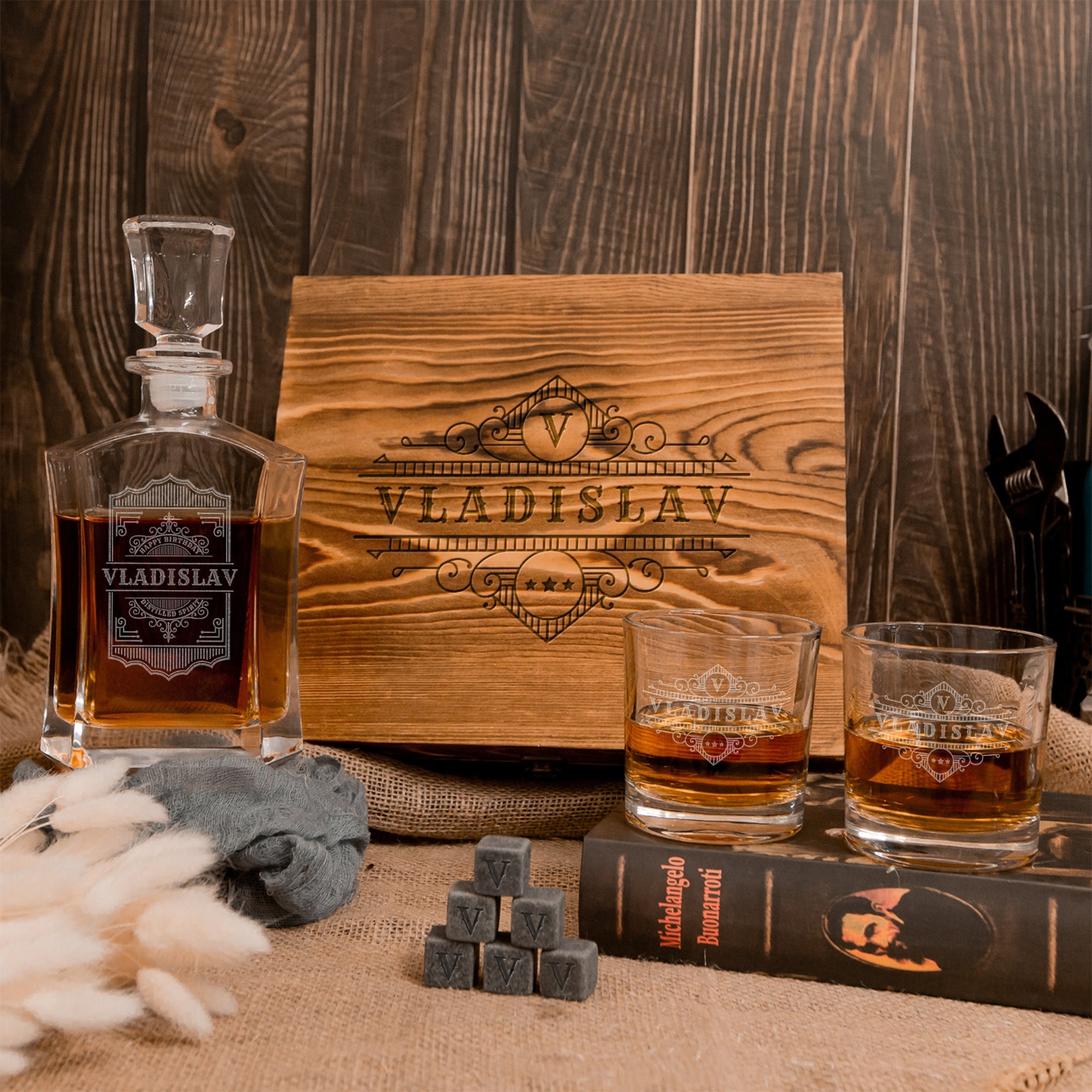 Engraved Whiskey Wooden Box - Flat Decanter, 2 Scotch Glasses &amp; 6 Ice Stones Personalised Barware Set Groomsman, Birthday Dad Christmas Gift
