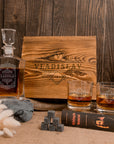 Engraved Whiskey Wooden Box - Flat Decanter, 2 Scotch Glasses & 6 Ice Stones Personalised Barware Set Groomsman, Birthday Dad Christmas Gift