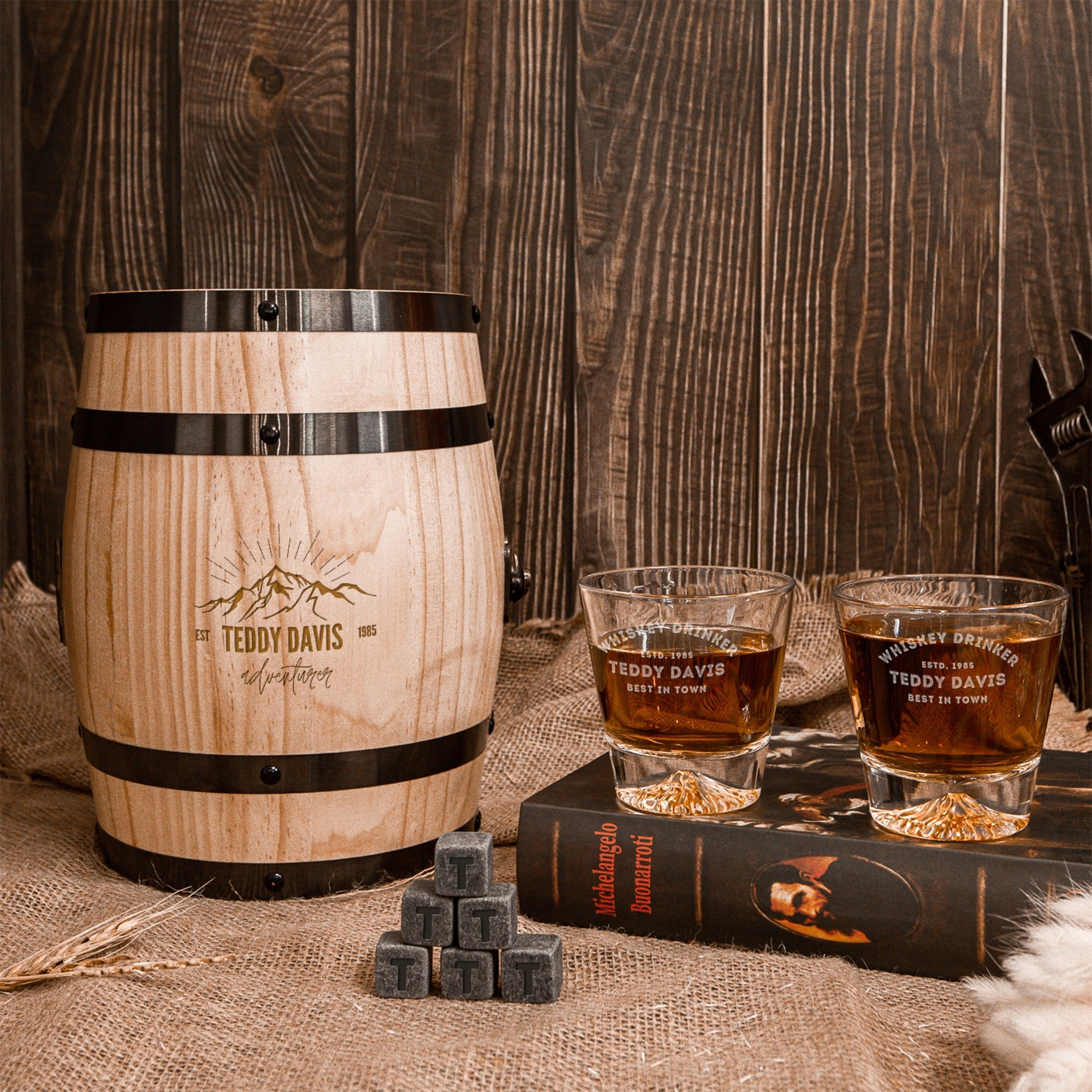 Personalised Wooden Barrel Whiskey Box, 2 Rock Mountain Glasses, 6 Ice Stones | Custom Engraved Logo Barware Set, Dad Groomsman Wedding Gift