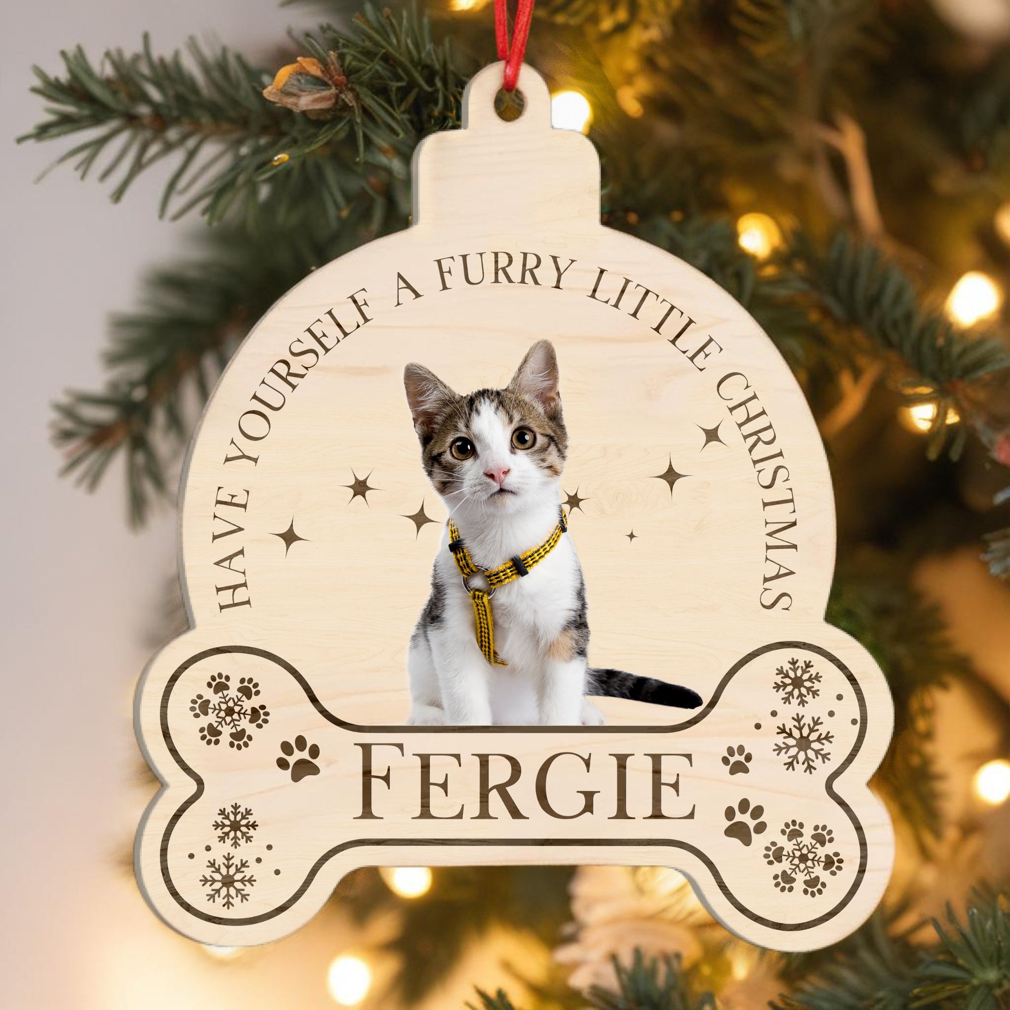 Personalised Mirror Acrylic Wood Pet Bone Photo Ornament, Custom Etched Name Dog Cat Christmas Tree Bauble In Loving Memory Heaven Gift Tag 