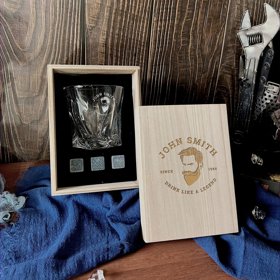 Personalised Wooden Whiskey Gift Box, 280ml Twisted Whiskey Glass, Ice Stones, Coaster, Custom Engraved Wedding Barware, Dad, Corporate Gift