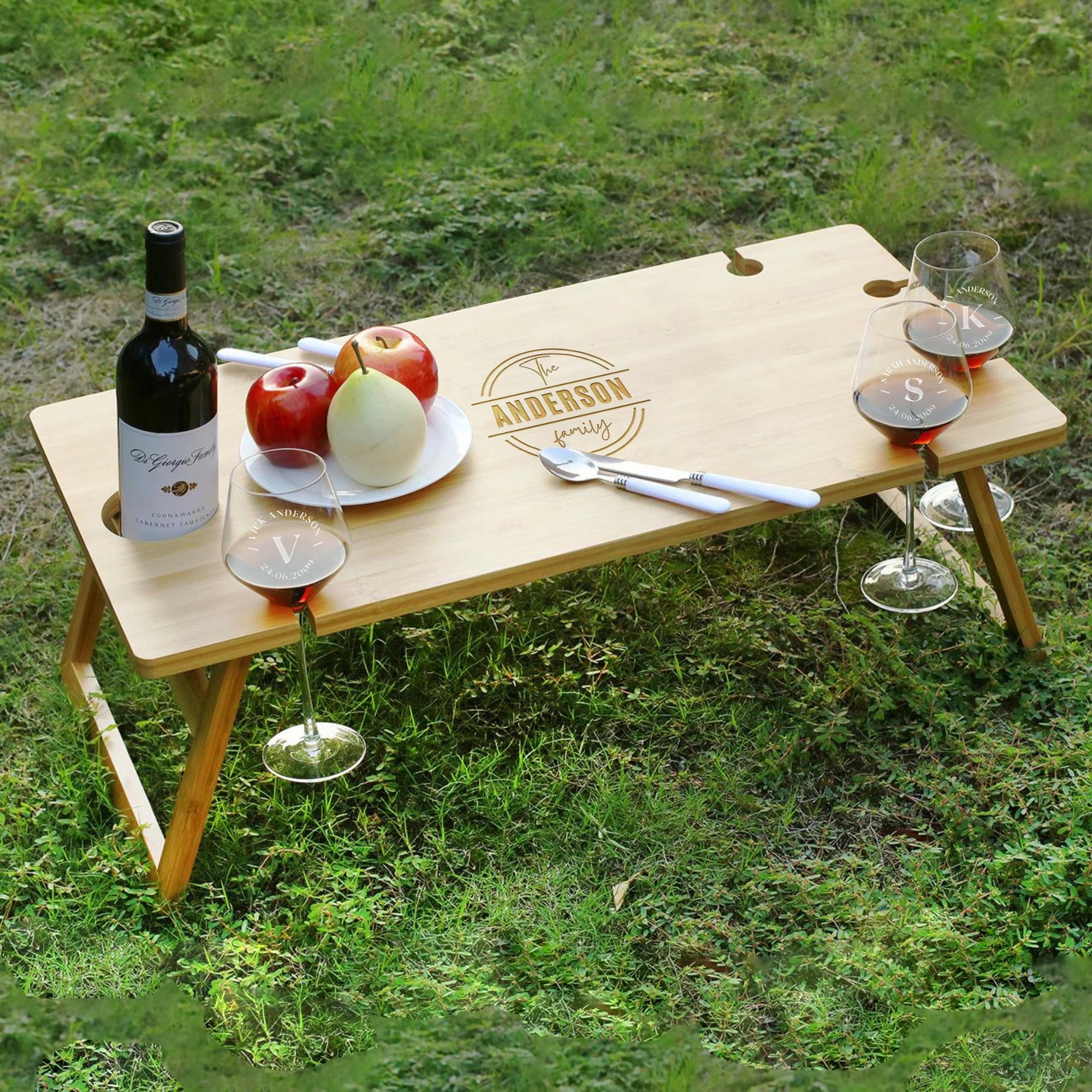 Personalised Bamboo Picnic Table &amp; 6 Crystal Wine Glasses, Engraved Cheese Board Charcuterie Platter, Camping, Anniversary Housewarming Gift