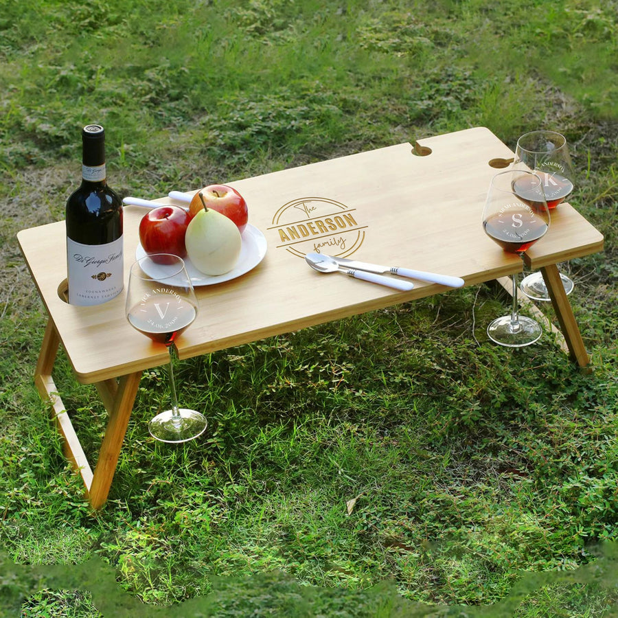 Personalised Bamboo Picnic Table & 6 Crystal Wine Glasses, Engraved Cheese Board Charcuterie Platter, Camping, Anniversary Housewarming Gift