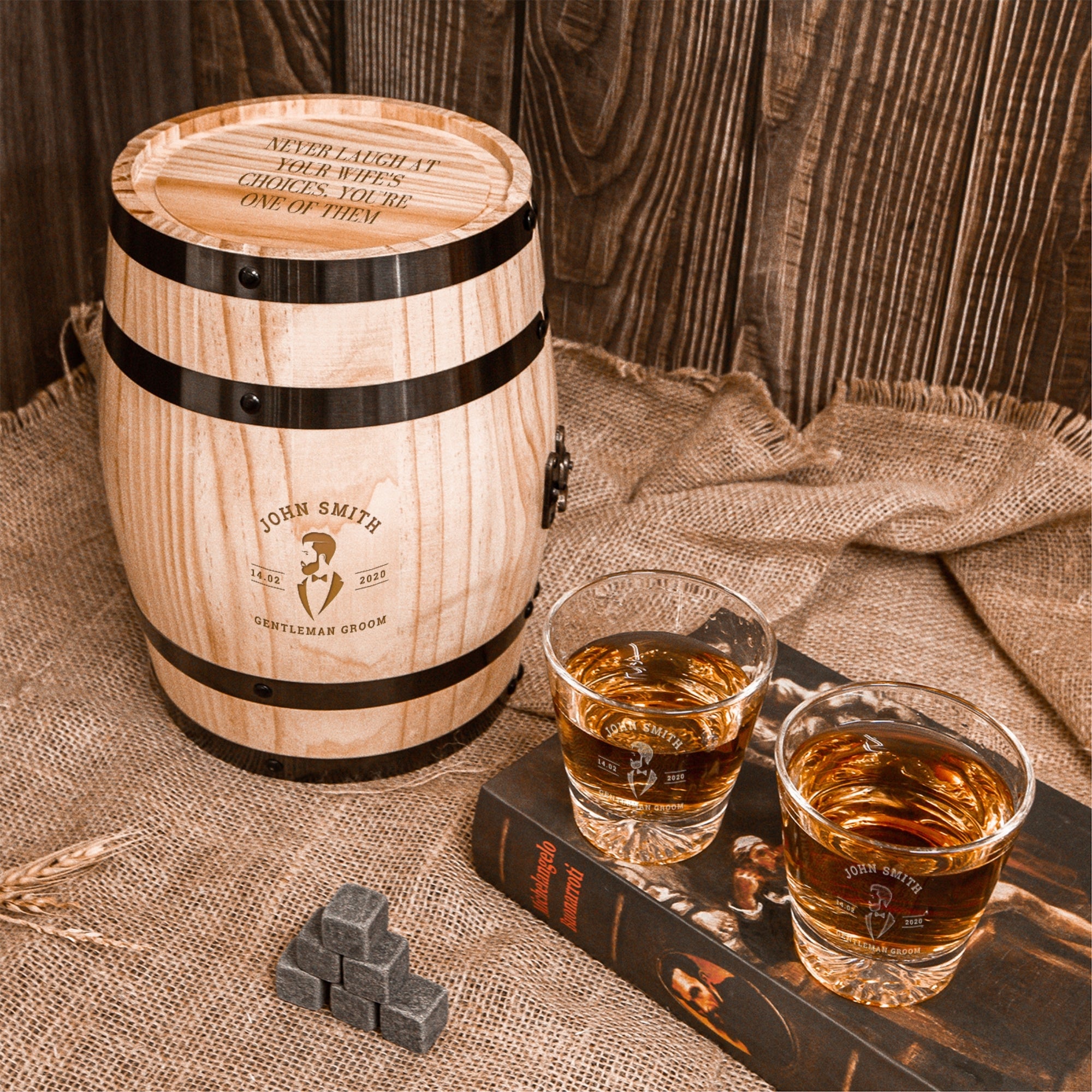 Personalised Wooden Barrel Whiskey Box, 2 Rock Mountain Glasses, 6 Ice Stones | Custom Engraved Logo Barware Set, Dad Groomsman Wedding Gift