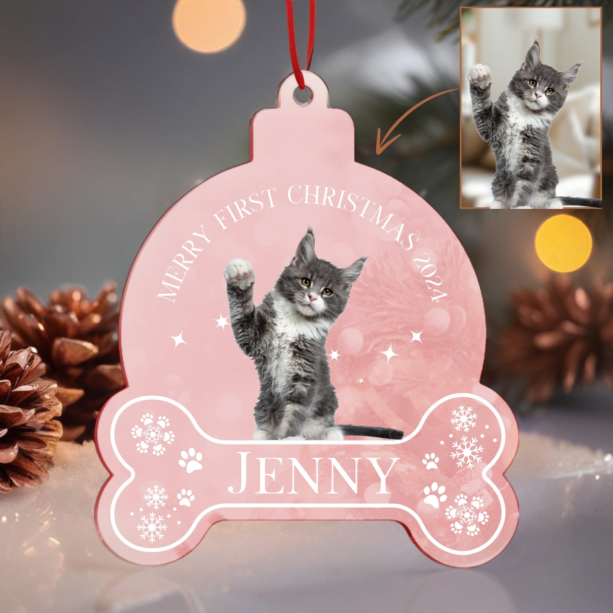 Personalised Mirror Acrylic Wood Pet Bone Photo Ornament, Custom Etched Name Dog Cat Christmas Tree Bauble In Loving Memory Heaven Gift Tag 