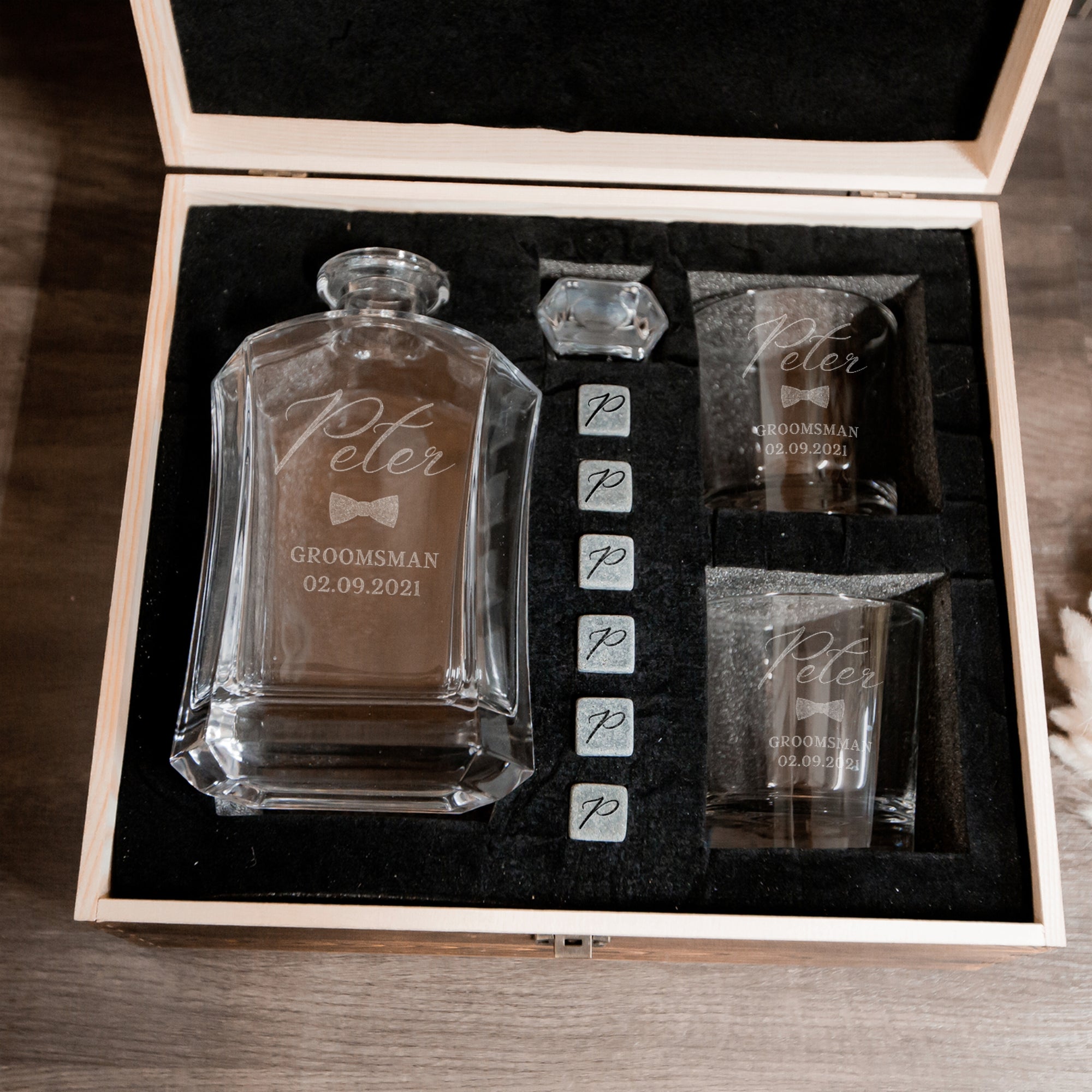 Engraved Whiskey Wooden Box - Flat Decanter, 2 Scotch Glasses & 6 Ice Stones Personalised Barware Set Groomsman, Birthday Dad Christmas Gift