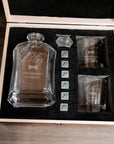 Engraved Whiskey Wooden Box - Flat Decanter, 2 Scotch Glasses & 6 Ice Stones Personalised Barware Set Groomsman, Birthday Dad Christmas Gift