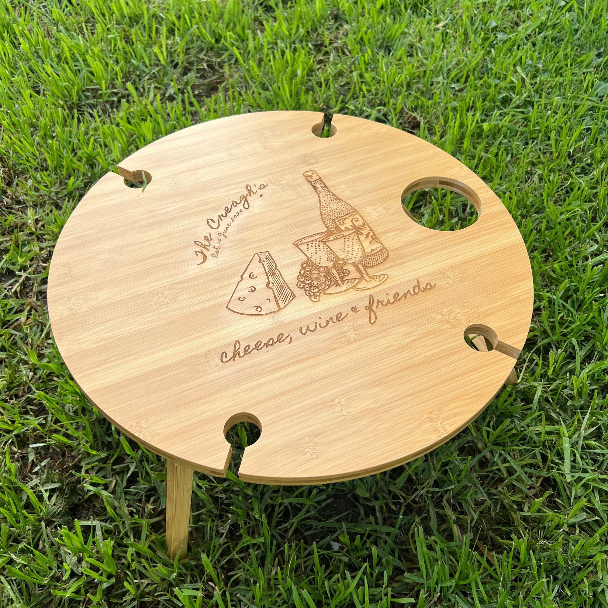 Personalised Bamboo 4 People Picnic Round Table &amp; Crystal Wine Glasses, Engraved Cheese Tray Platter, Camping, Anniversary Housewarming Gift