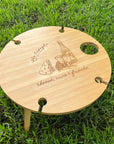 Personalised Bamboo 4 People Picnic Round Table & Crystal Wine Glasses, Engraved Cheese Tray Platter, Camping, Anniversary Housewarming Gift