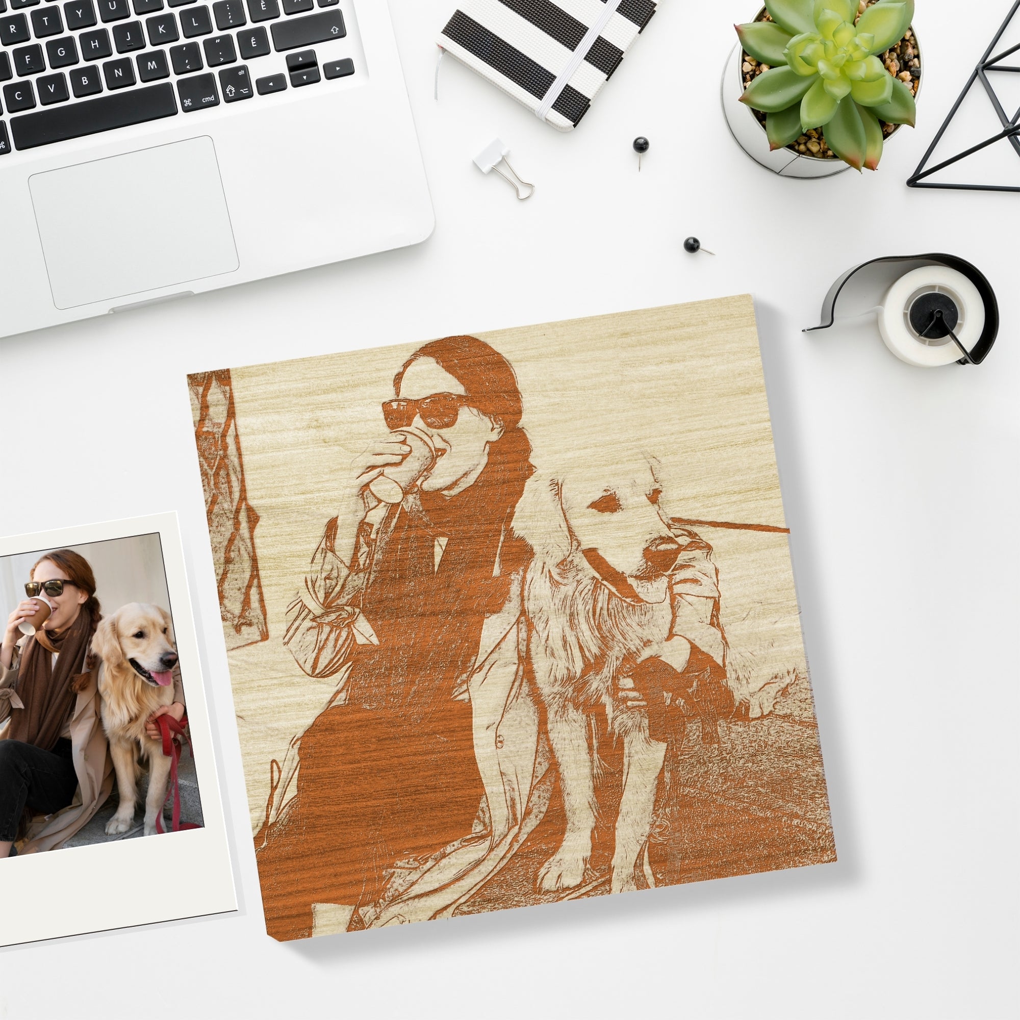 Personalised Wooden Sketch Photo Block, Custom Engraved Freestanding Table Square Display Memory, Image Gallery Wall Decor Housewarming Gift