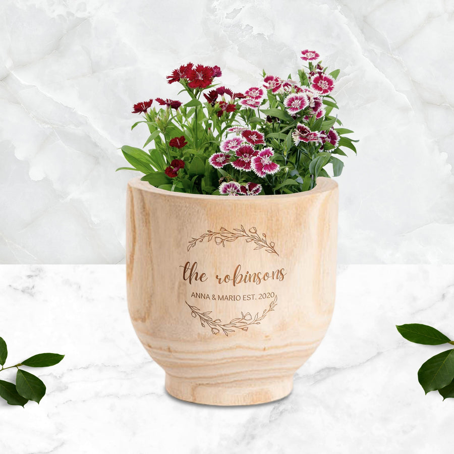 Personalised Wooden Cylinder Planter, Engraved Flower Pot, Customised Logo Timber Vase, Memorial, Wedding, Birthday, Anniversary, Housewarming, Mother's Day, Teacher, Nan, Garden Lover's Gift, 