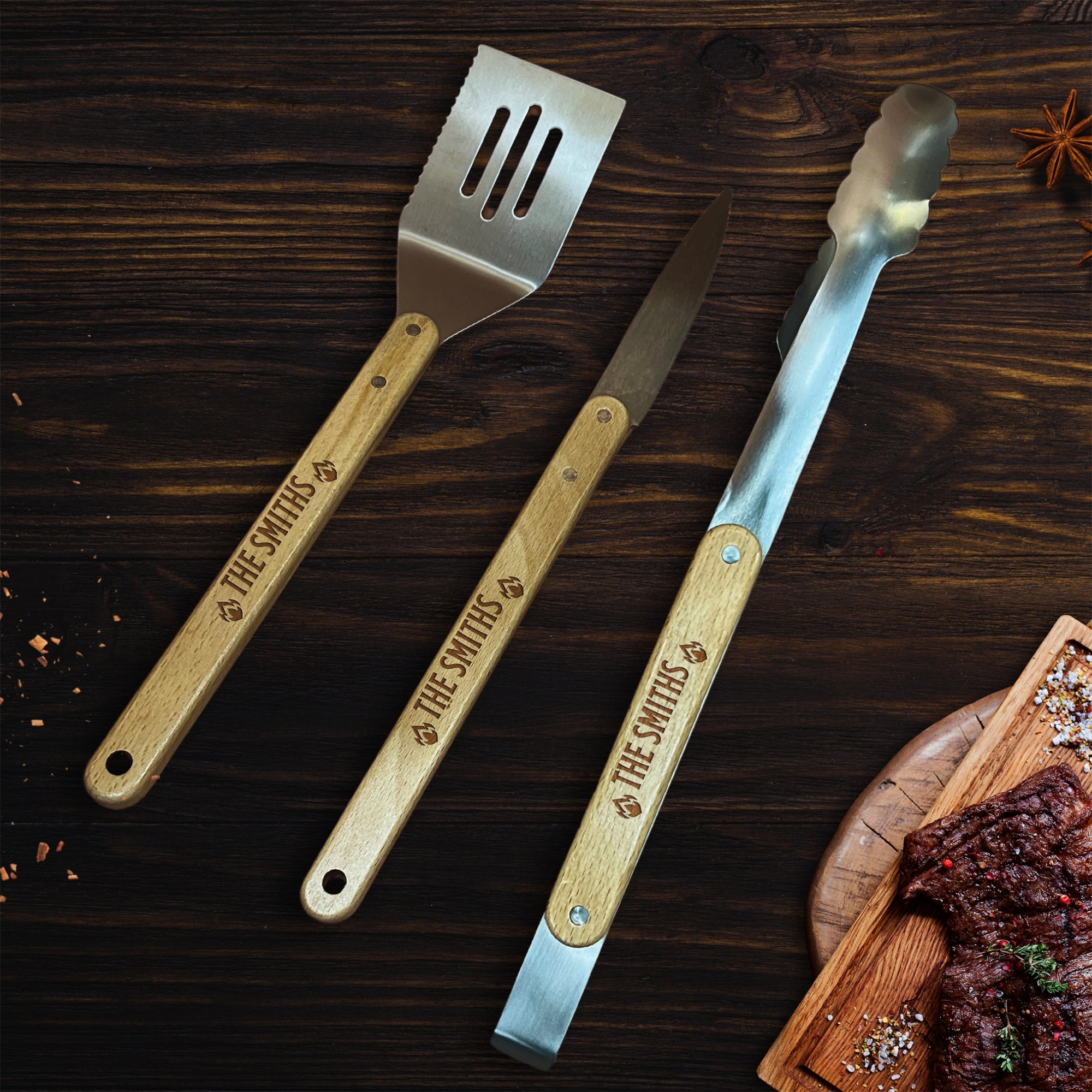 Personalised BBQ Tools Gift Set, Custom Engraved Barbecue Tongs, Knife, Spatula, Grill Master, Dad, Groomsman, Housewarming, Corporate Gift