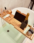 Personalised Bamboo Extendable Bath Caddy Tray, Engraved Adjustable Bathtub Storage Organiser Rack, Wine Glass Phone Tablet Ipad Book Holder