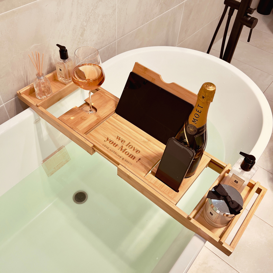 Personalised Bamboo Extendable Bath Caddy Tray, Engraved Adjustable Bathtub Storage Organiser Rack, Wine Glass Phone Tablet Ipad Book Holder