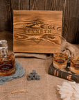 Engraved Whiskey Wooden Box - Round Decanter, 2 Scotch Glasses & 6 Ice Stones Personalised Barware Set Groomsman, Graduate, Anniversary Gift