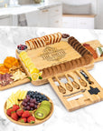 Personalised Bamboo Pull Out 3 Drawer Cheese Board & Knife Tools Set with Fruit Tray, Engraved Wooden Charcuterie Platter, Anniversary Gift