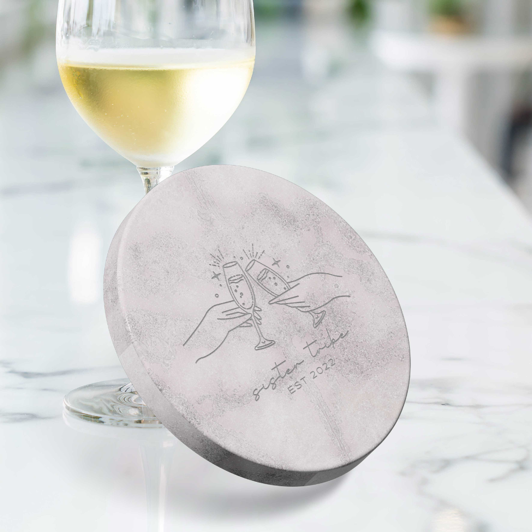 Custom Engraved Round Marble Coaster &amp; Metallic Paint, Personalised Drink Mat, Wedding Favours/ Housewarming/ Birthday/Teacher/ Corporate Gift