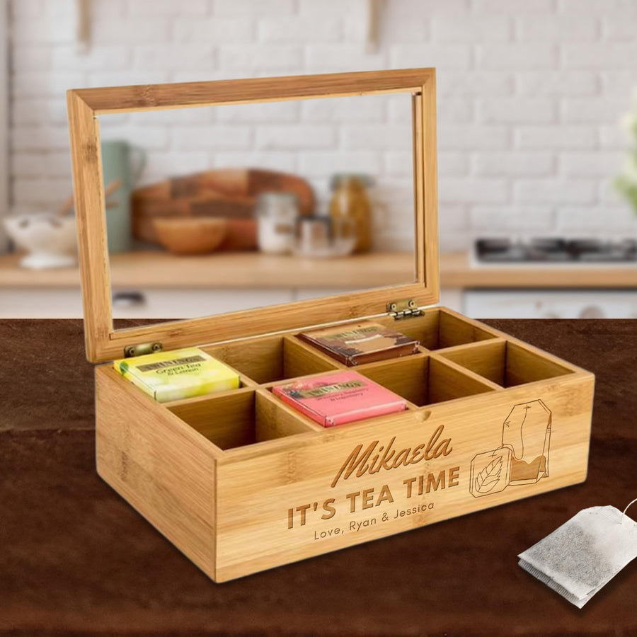 Personalised Bamboo 8 Slots Tea Bag Box, Etched Wooden Keepsake, Engraved Kitchen Custom Organised Storage, Housewarming/ Birthday, Mom-Dad, Teacher, Godparents Gift