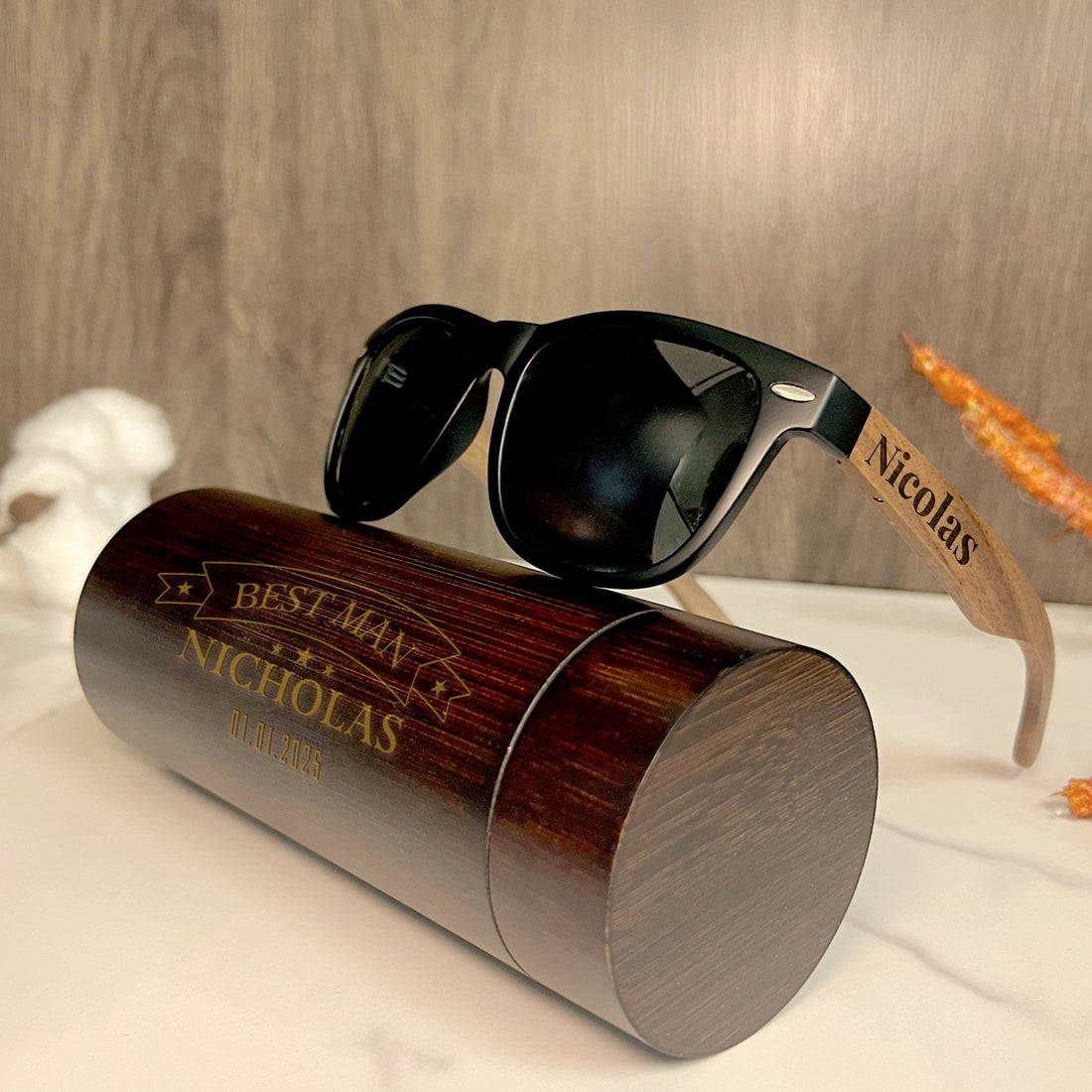 Personalised Wooden Polarised Sunglasses & Walnut Cylinder Box, Custom Engraved Logo Eyeware Glasses Case, Groomsman Dad Gift Wedding Favour