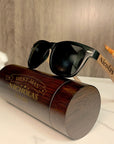 Personalised Wooden Polarised Sunglasses & Walnut Cylinder Box, Custom Engraved Logo Eyeware Glasses Case, Groomsman Dad Gift Wedding Favour