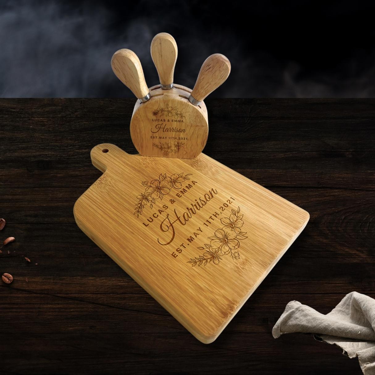 Personalised Wooden Paddle Chopping Board &amp; 4 Piece Cheese Knife Set Customised Serving Tray Engraved Charcuterie Platter, Housewarming Gift