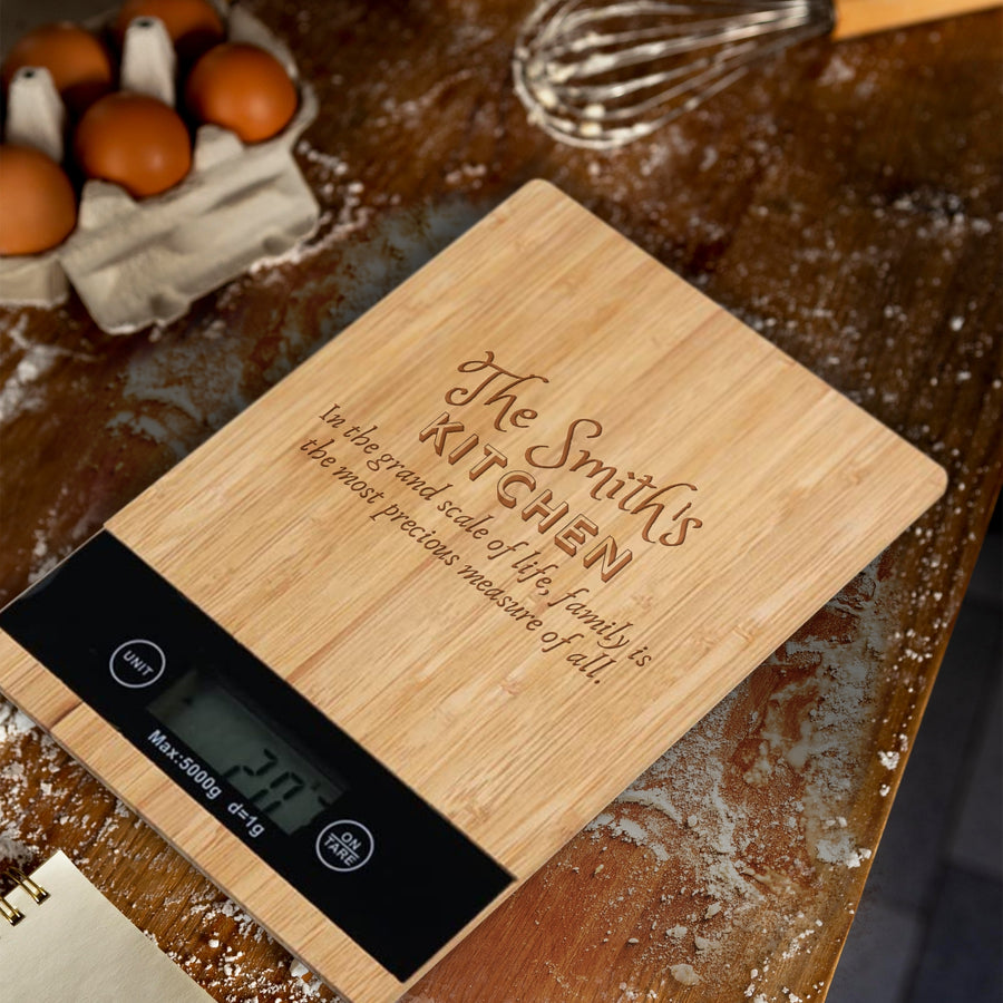 Custom Engraved Bamboo Kitchen Scale, Personalised Digital Electronic Weighing, Mother's Day, Corporate Housewarming, Chef Kitchenware Gift
