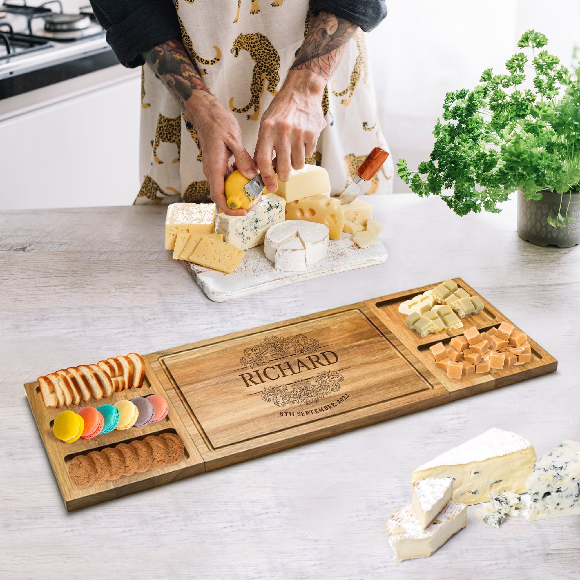 Personalised Acacia Wooden Magnetic Chopping Board &amp; Trays, Custom Engraved Cheese Charcuterie Serving Platter, Housewarming, Corporate Gift