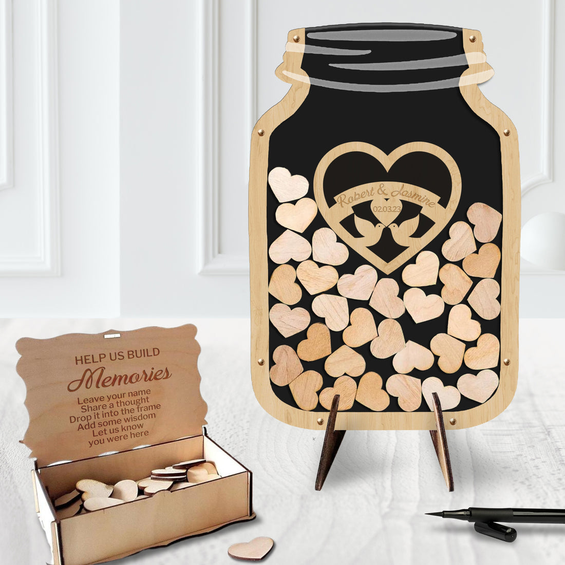 Custom Made Laser Cut Plywood & Acrylic Jar Shape Wedding Heart Drop Box, Rustic Personalised Guest Book Alternative, Stationery Table Decor