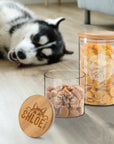 Personalised Wooden Lid Glass Pet Jar, Custom Engraved Treat, Cat's Food, Snack Canister, Jerky, Mussel, Dog Chew Storage, Housewarming Gift