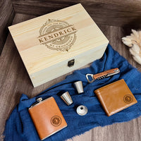 Personalised Wood Corkscrew, Leather Tan Wallet, Hip Flask Set in Custom Engraved Wooden Box, Best Man, Dad, Groomsman Proposal Wedding Gift