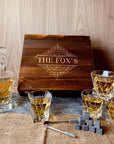 Personalised Wooden Boxed Whiskey Decanter Set, 4 Scotch Glasses, 6 Ice Stones & Tongs | Custom Engraved Groomsmen, Wedding, Whisky Bar Gift