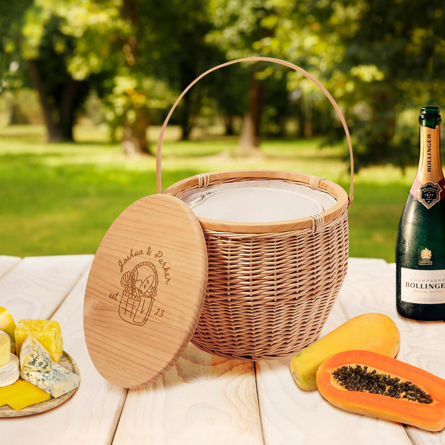 Engraved Picnic Insulated Cooler Carry Wicker Basket, Park, Beach, Garden, Pool, BBQ Travel, Custom Logo Corporate Gift, Housewarming, Wedding Present