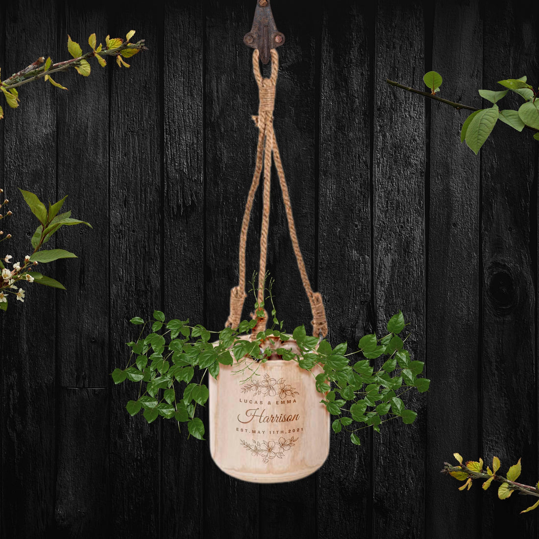 Personalised Hanging Wooden Cylinder Vase Planter, Engraved Logo Flower Pot, Memorial, Anniversary, Housewarming Mother Birthday Garden Gift