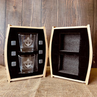 Personalised Wooden Barrel Whiskey Box, 2 Glasses, 6 Ice Stones | Custom Engraved Logo Barware Set, Dad Groomsmen, Birthday, Christmas Gift 