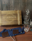 Personalised Wooden Crate Whiskey Gift Box, Twisted Whisky Decanter, 2 Glasses, 6 Ice Stones, 2 Coasters, Tongs, Custom Engraved Barware Set