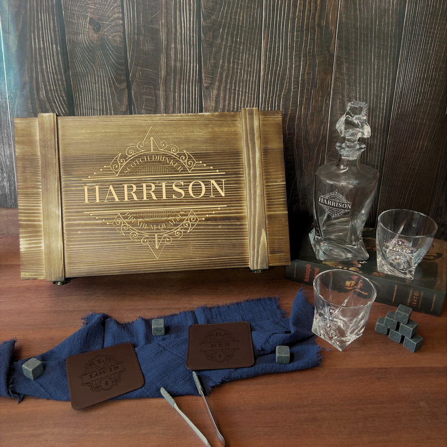 Personalised Wooden Crate Whiskey Gift Box, Twisted Whisky Decanter, 2 Glasses, 6 Ice Stones, 2 Coasters, Tongs, Custom Engraved Barware Set