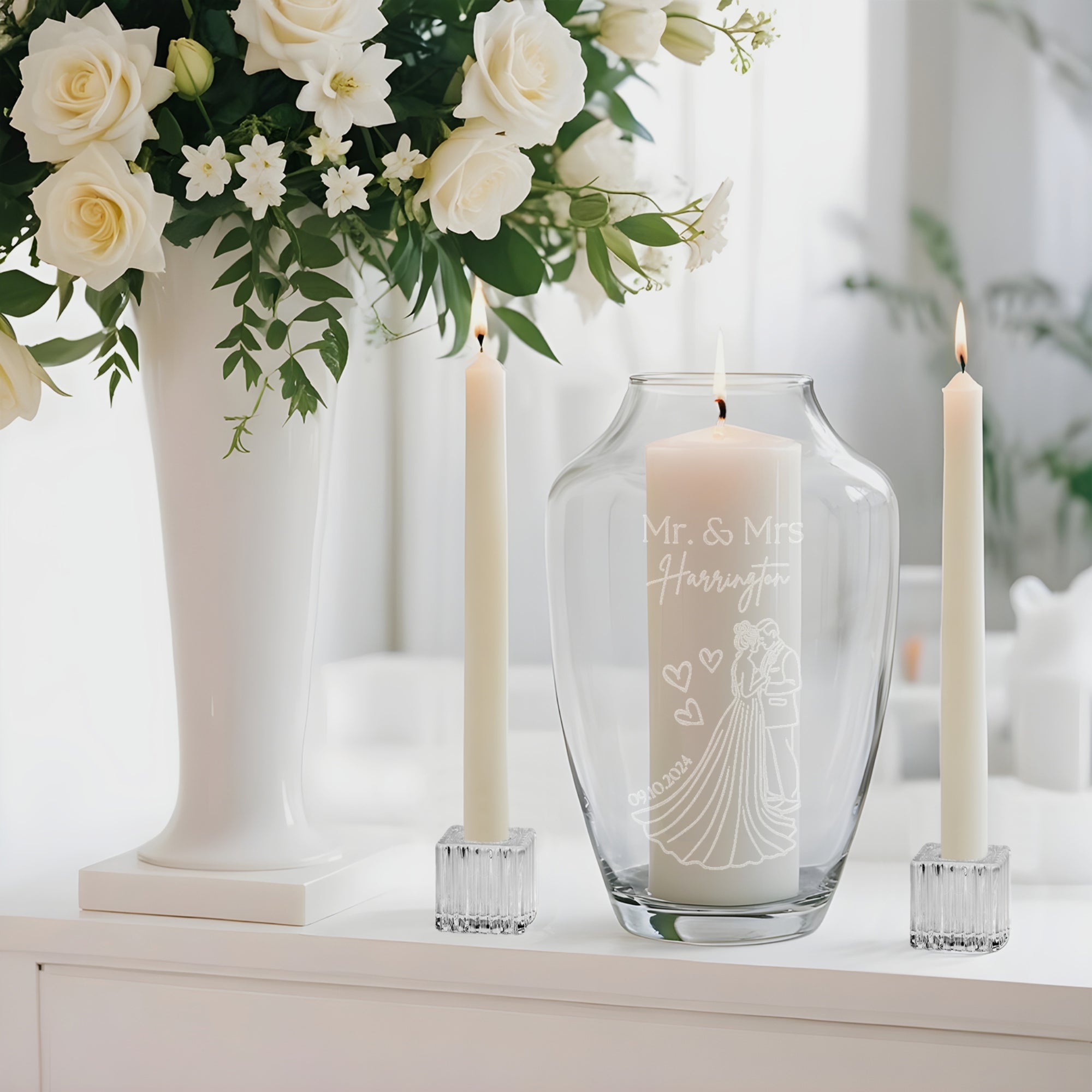 Personalised Engraved Glass Vase Unity Candles &amp; Holders Set, Custom Wedding Ceremony Engagement Union, Christening Baptism Anniversary Gift