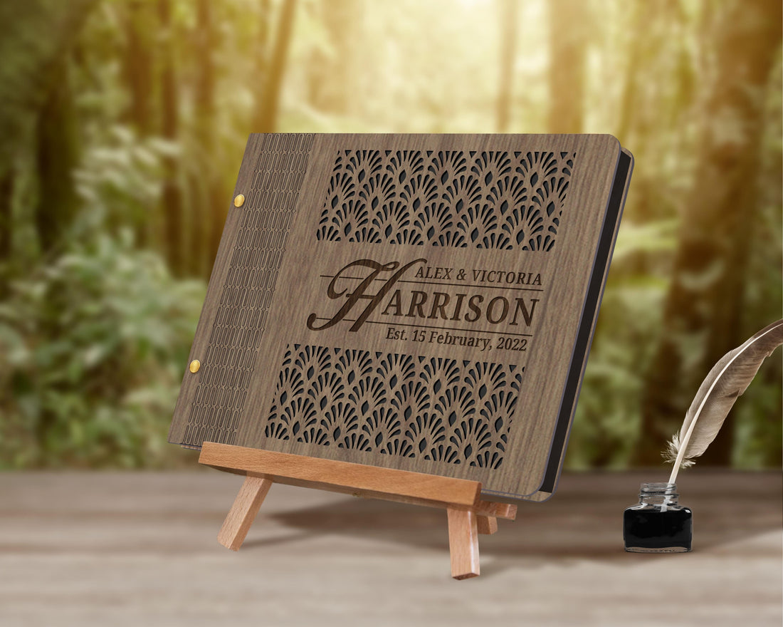 Custom Laser Cut & Engraved Wooden Logo Wedding Guest Book, Personalised Plywood Traditional Birthday Keepsake, Rustic Vintage Party Decor