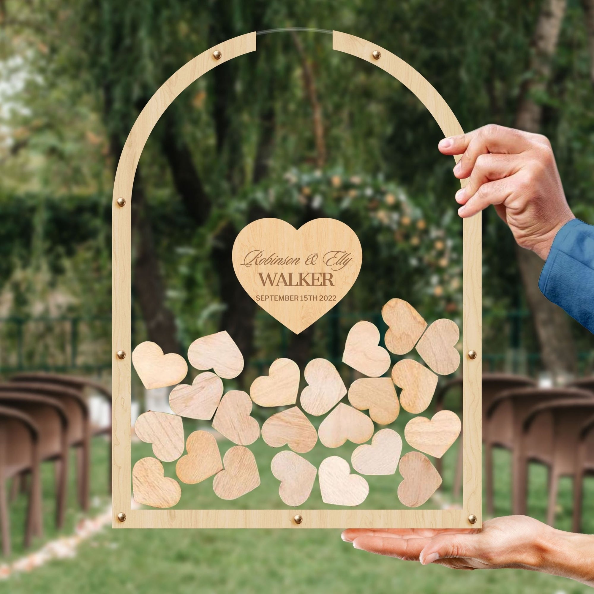 Custom Made Laser Cut Plywood &amp; Acrylic Arch Shape Wedding Heart Chips Drop Box, Rustic Personalised Guest Book Alternative, Stationery Table Decor