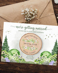 Personalised UV Print Wood Slice Save The Date Fridge Magnet & Invitation Card, Kraft Envelope, Customised Rustic Wreath Wedding Stationery