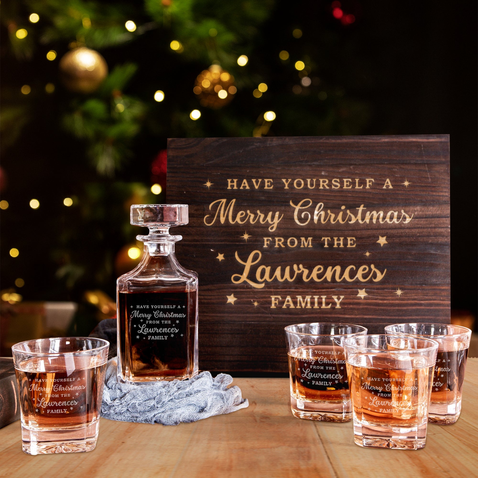 Engraved Christmas Wooden Boxed Whiskey Decanter Set & 4  Scotch Glasses, Personalised Custom Vintage Xmas Whisky Barware Birthday Gift Dad/ Him