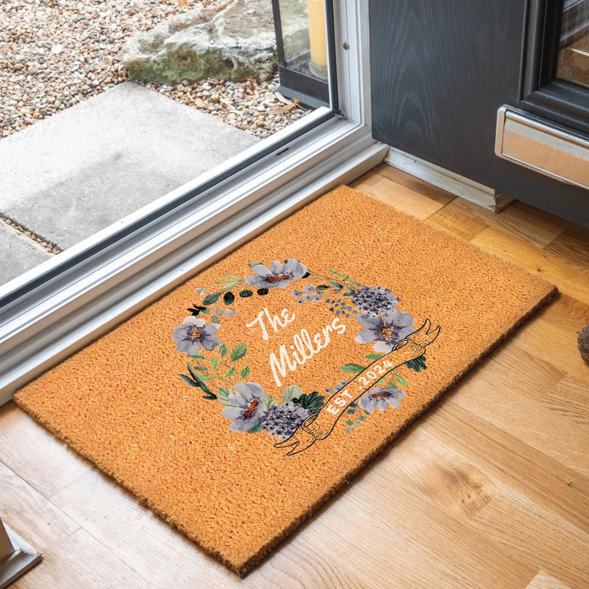 Personalised Floral Garden Coir Doormat, Customised Color Logo Printed Property Estate Entry Welcome Outdoor Indoor Mat, Housewarming Gift